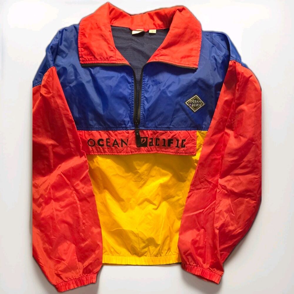 Vintage 80s Nylon Windbreaker Ocean Pacific (OP) Colorblock Quarter Zip Jacket